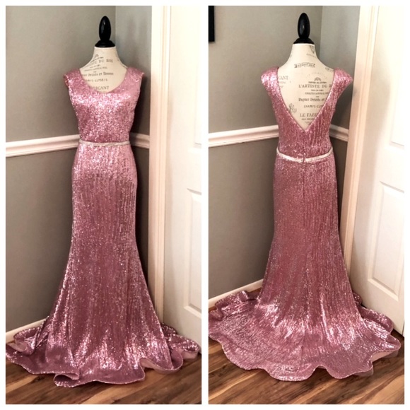 NEW JOVANI SZ 18 ROSE PINK MAXI SEQUIN RHINESTONE GLAM FORMAL EVENING GOWN - Picture 2 of 12